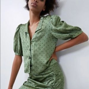 ZARA Satin Accent Polka Dot Blouse with collar